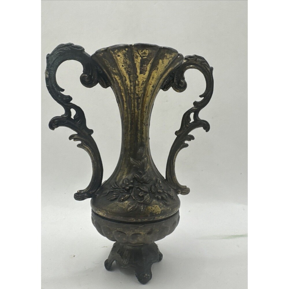 Vtg Florentine Brass colored Ornate flowers 5" Small Bud Vase Made in Italy